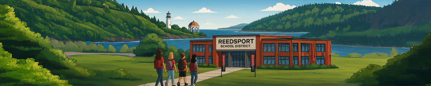 Illustrated Reedsport coastal district campus scene